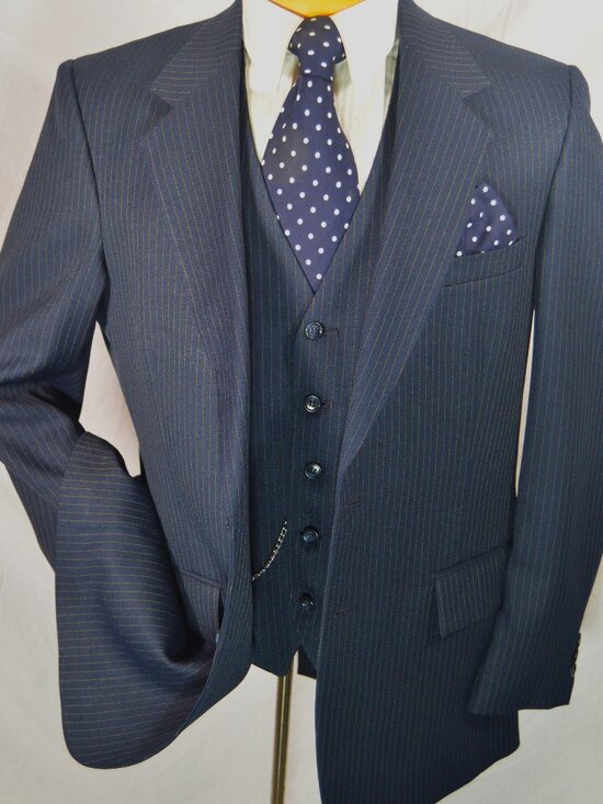 Sears Comfort Suit Other - Vtg 70's 80's Sears Comfort Suit 3 piece Blue Gold Pinstripe 42 R 33 x 30 Slim